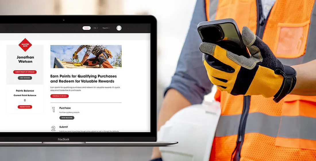 ITA Group manufacturer client incentive platform on laptop overlayed over contractor